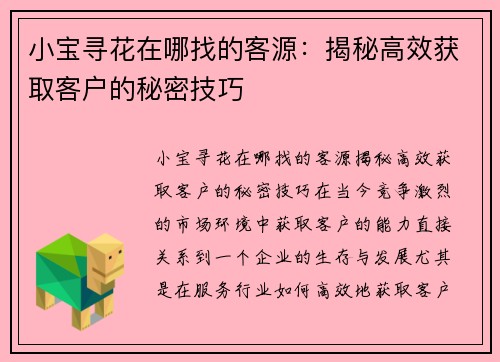 小宝寻花在哪找的客源：揭秘高效获取客户的秘密技巧